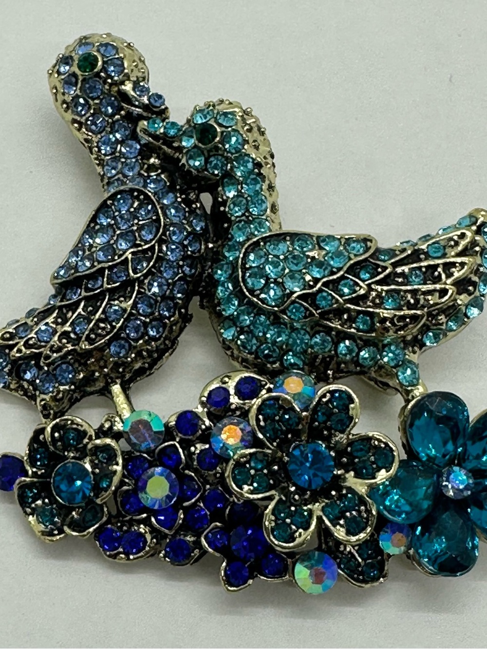 Blue and Teal Crystal Bird & Flower Brooch - Women's Jewelry